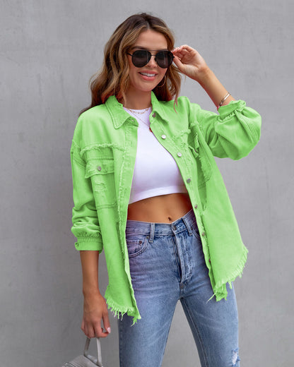 Fashion Ripped Shirt Jacket Female Autumn And Spring Casual Tops Womens Clothing