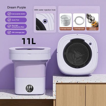 6L-11L Portable Washing Machine Folding Large Capacity Clothes Spin Dryer Bucket Travel Underwear Socks Ultrasonic Mini Washer