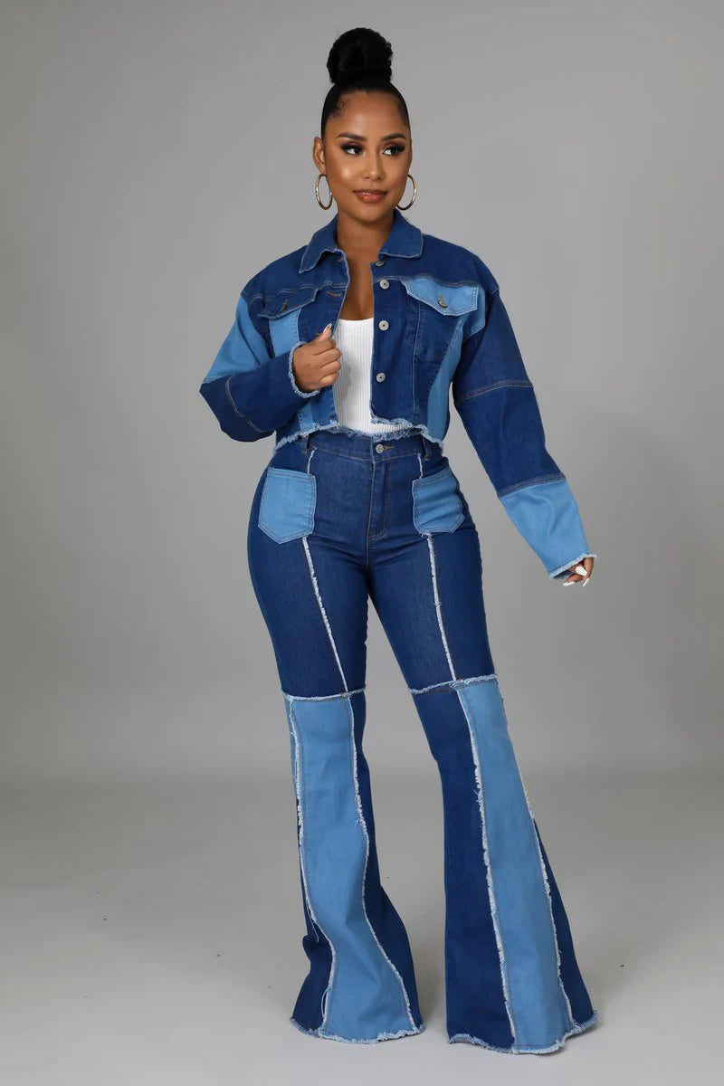 Women's Matching Set Denim Patchwork Vintage Short Jacket and Flare Pant Two Piece Set Outfit Autumn Casual Y2K Fashion Sets